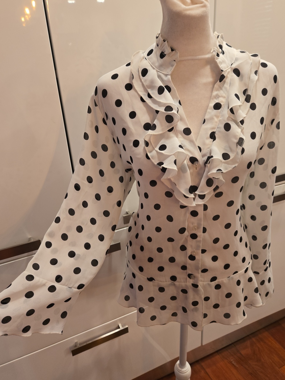 Ruffled Sheer Polka Dot Fairycore Boho Bell Sleeve Blouse Medium Black White